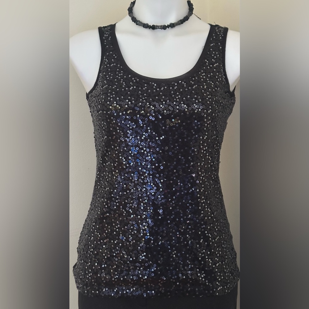Liz Claiborne Casual Or Formal Black Sleeveless Sequience  Front Tank Top Sz PS